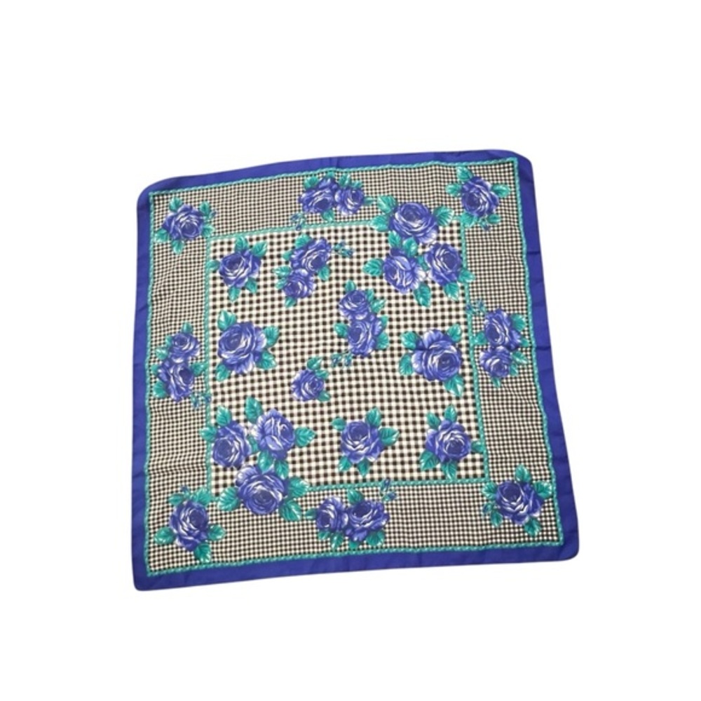 Vintage 80s Square Scarf Black White Gingham Blue Florals 30" X 30" Cottagecore‎